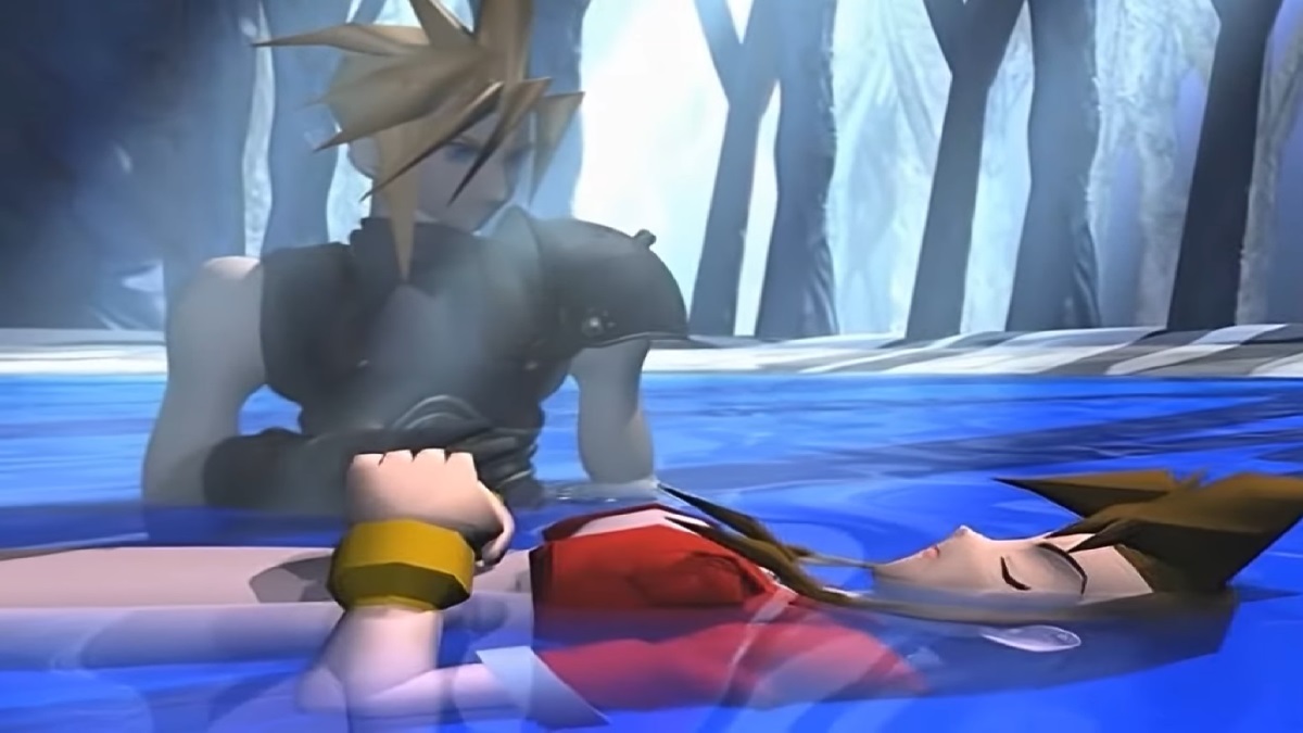 An image of Cloud holding Aerith's corpse while performing the last rites for her in Final Fantasy VII.