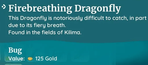 Palia description of a Fire Breathing Dragonfly sharing how difficult it is to catch one because of its fire breath.