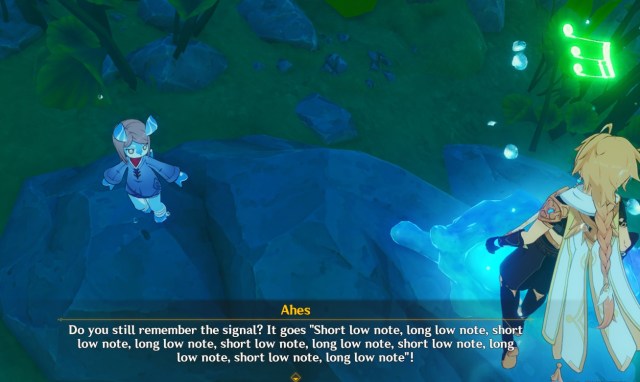 Screenshot showing Melusine Ahes talking to the Male Traveler underwater.