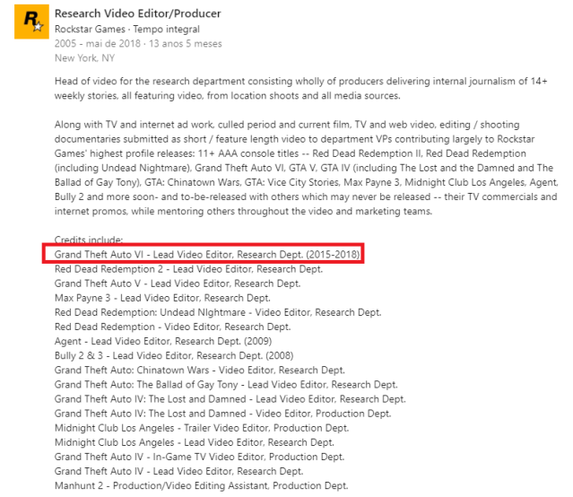The screenshot shows information of a former Rockstar Games employee: what he did at Rockstar and in what games he worked