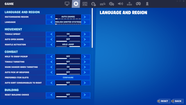 Fortnite game settings in-game menus