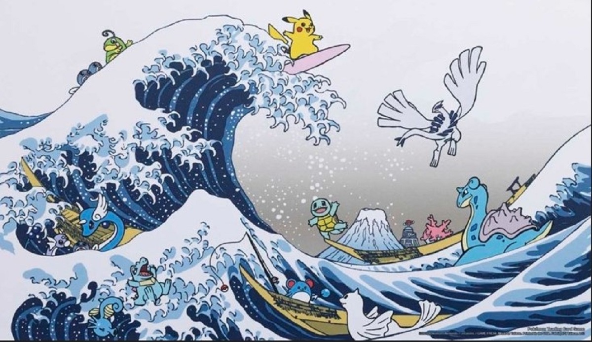 Pikachu and Water-Types Surfing on "Great Wave off Kanagawa"