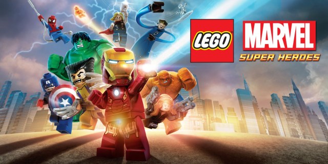 Promotional artwork for Lego Marvel Superheroes showing a variety of characters.