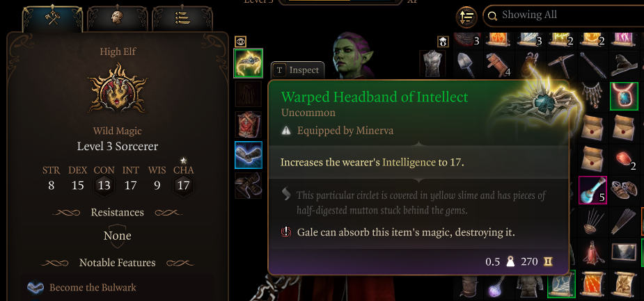 Image displaying the description for the item "Warped Headband of Intellect" in Baldur's Gate 3.