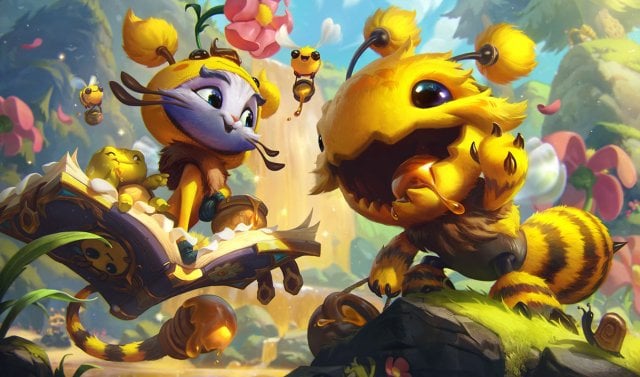 Kog'Maw and Yuumi dressed as happy bees.