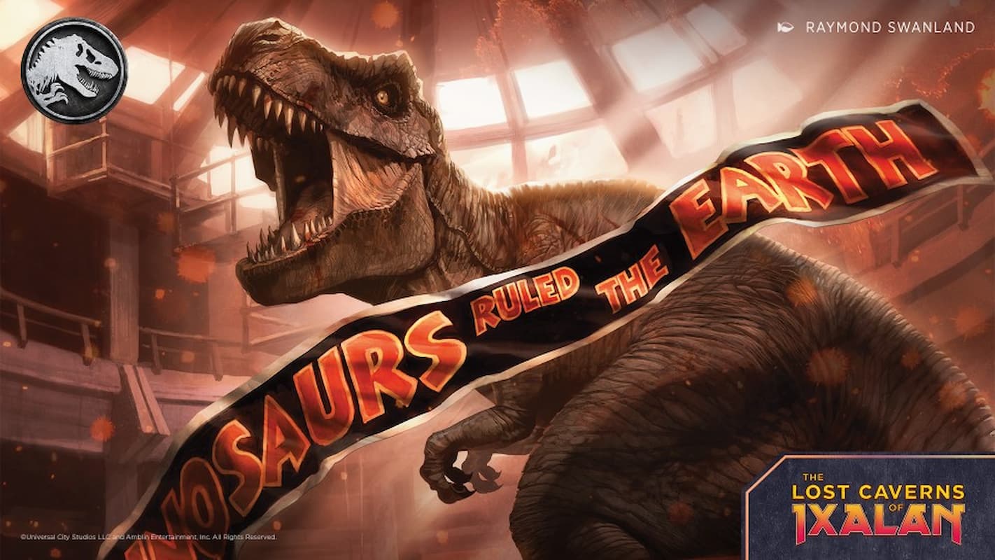 Image of dinosaur with Jurassic World banner in MTG set Lost Caverns of Ixalan