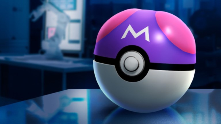 A Master Ball sitting on the edge of a desk.