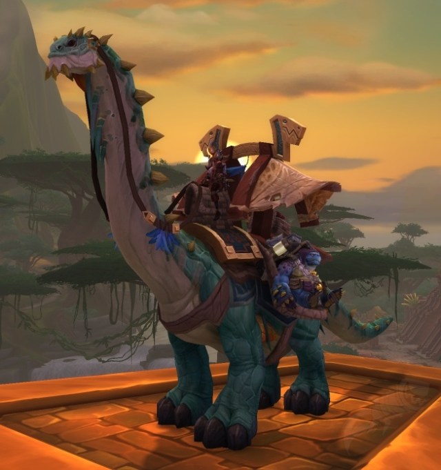 WoW character ridingMight Caravan Brutosaur in Zuldazar