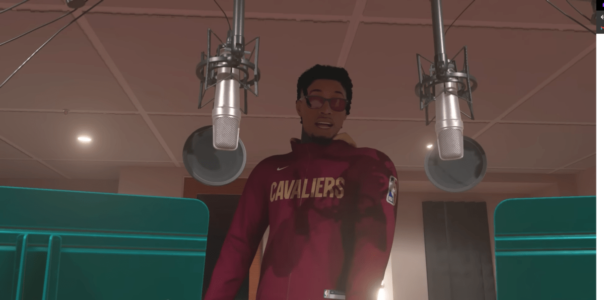 Screenshot of a NBA 2K23 MyCareer character in the rap booth.