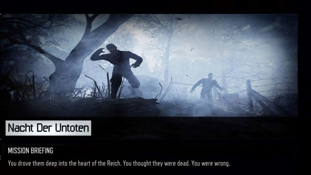 A map overview of Nacht Der Untoten with an image on screen showcasing the map with zombies in it. There is a grey layer of fog behind a running zombie in the forefront of the image with trees in the background.