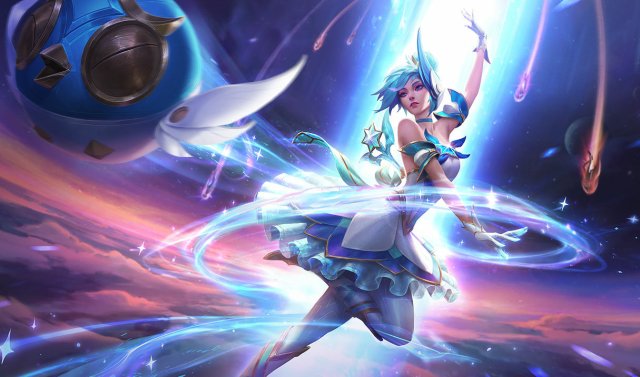 Orianna twirls in a white dress, throwing an orb shaped like a bird in League of Legends.