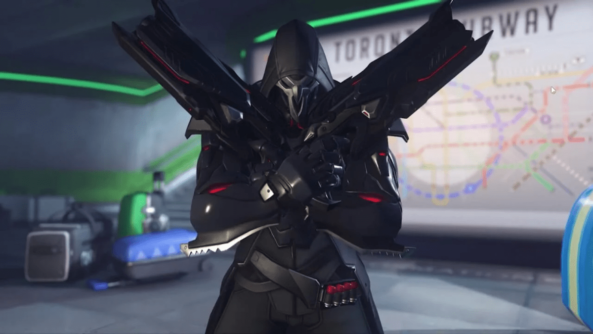 Overwatch 2 Reaper standing with his shotguns crossed across his body