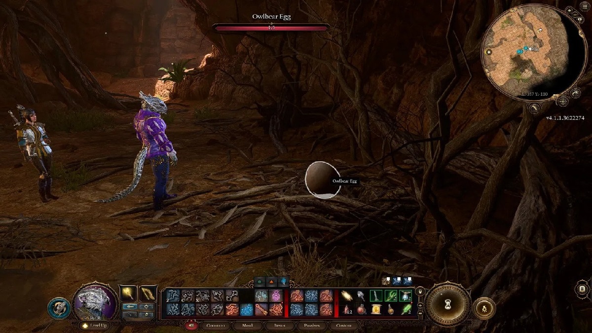 An image of the player character in a cave with their companion looking at an Owlbear Egg in a nest in Baldur's Gate 3.