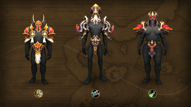 Three WoW characters wearing new class-specific sets from the Trading Post