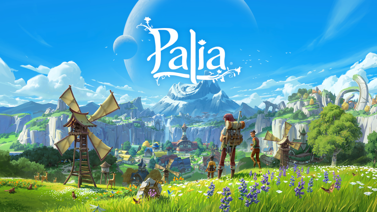 Palia image with the main character standing in the center of a field with a windmill close by and mountains in the background.