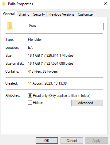 Screenshot of the details of a Palia folder on Windows 10 PC. The screenshot shows location, size, and type among other specifications.