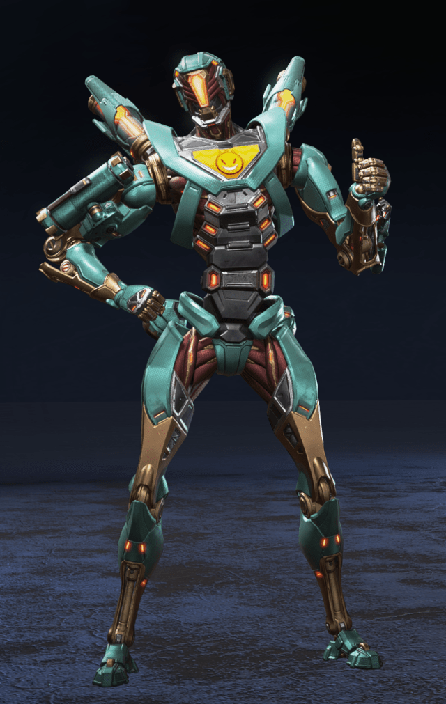 Pathfinder's metal body is blue with orange accents in his stomach, and a devilish smiley face on his chest.