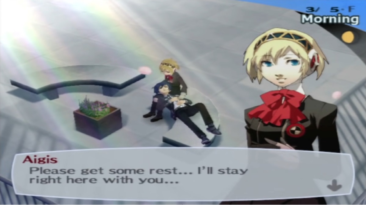 An image of the main protagonist dying in the arms of Aigis sitting on a bench in Persona 3.