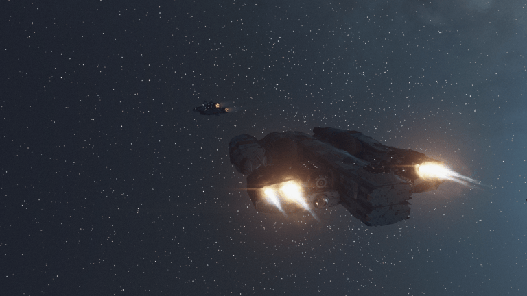 Image of two space ships engaged in a chase.