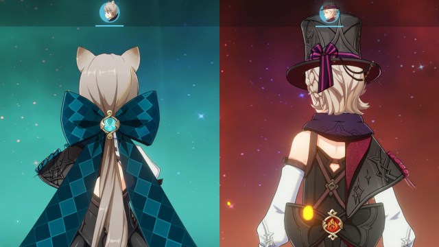 Lynette and Lyney's backs with their different Vision shapes displayed.