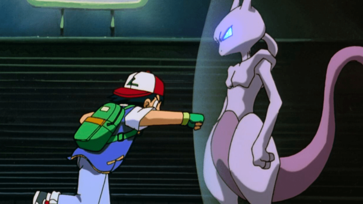 Ash punching Mewtwo in the Pokémon movie.