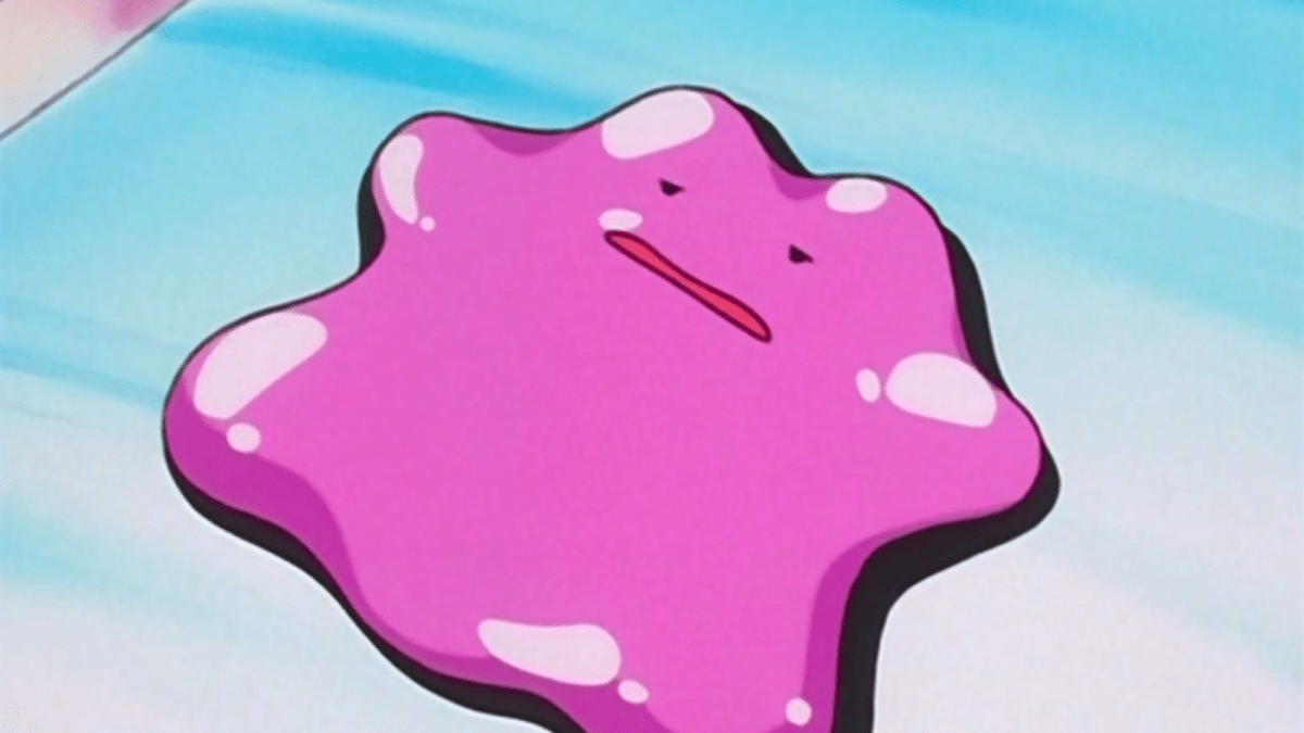 Ditto lying flat on its back in the Pokémon anime.