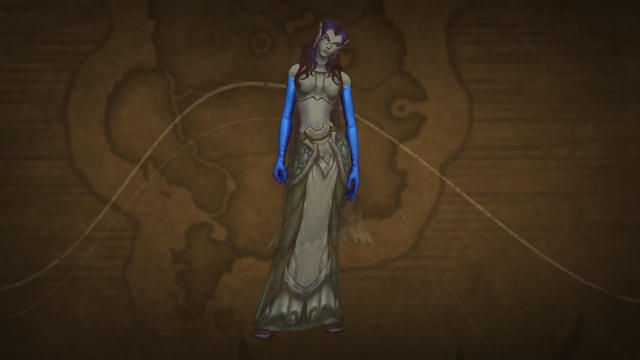 WoW character wearing Queen’s Conservatory Ball Gloves transmog from the Trading Post