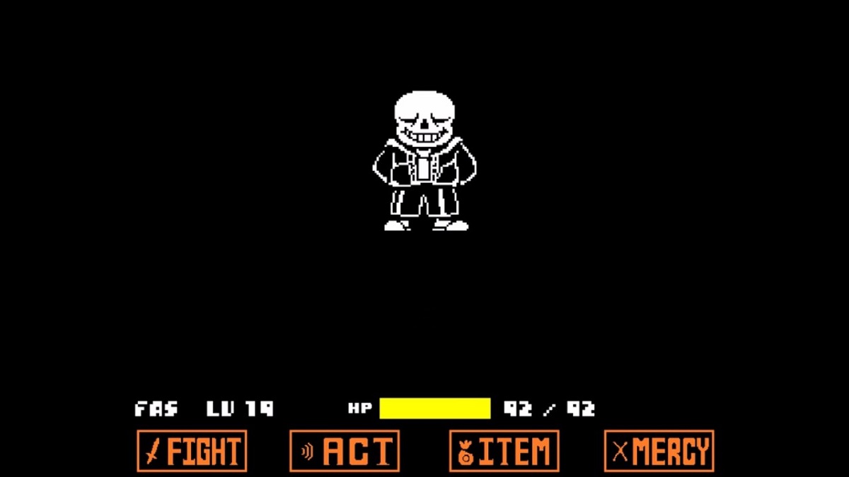 An image of Sans closing his eyes in the midst of battle against the player character in Undertale.