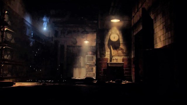 Image from a Black Ops III zombies cutscene showcasing a dimly lit room with a clock found on the back wall. There are two yellow lights with sparks hitting the floor in asymmetrical ways.