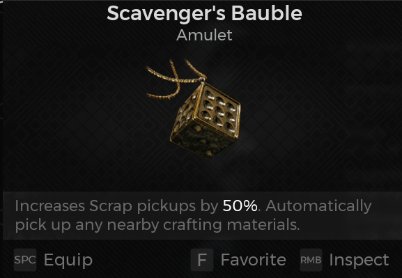 An item screen from Remnant 2 showing the Scavenger's Bauble amulet, which resembles a bronze cube with 6 round indents on each side.