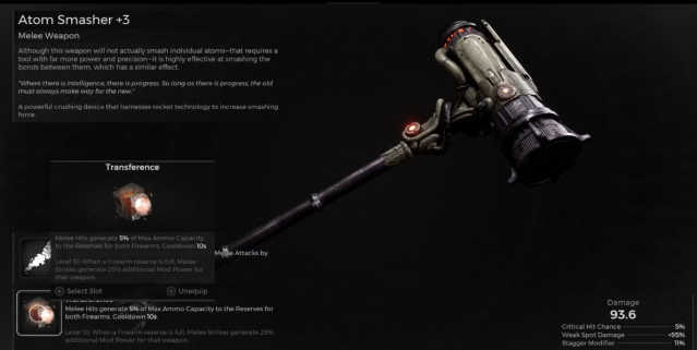 Image displays the information page for the Atom Smasher from Remnant 2.