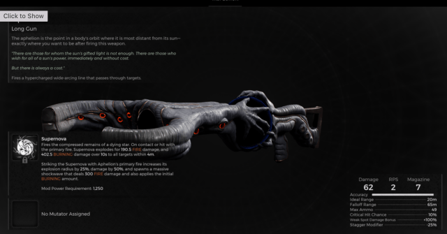 Image displays the information page for the Aphelion from Remnant 2.