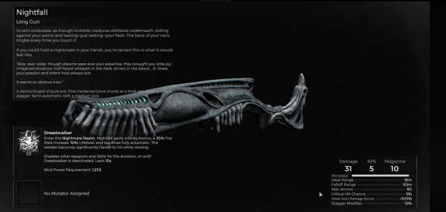 Image displays the information page for the Nightfall from Remnant 2 