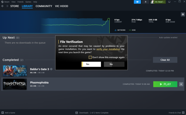 Steam page with a file verification pop-up