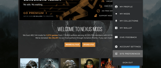 The drop-down menu on NexusMods that shows a Site Preference button.