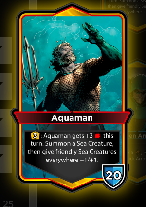 Aquaman card, holding his trident while swimming in the ocean