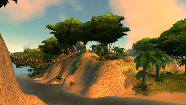 A WoW Classic screenshot of Stranglethorn Vale, in the north where a bridge can be seen near the Hemet Nesingwary base camp.