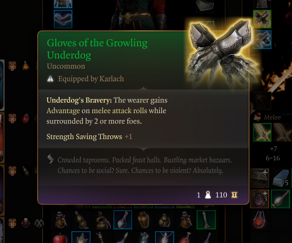 Image displays the description for the item Gloves of the Growling Underdog in Baldur's Gate 3.