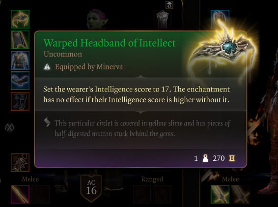 Image displays the item description for Warped Headband of Intellect in Baldur's Gate 3.