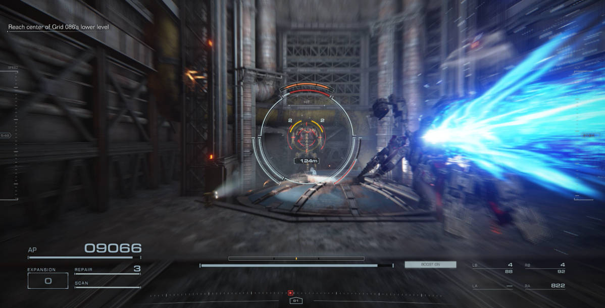 Displays an action shot in Armored Core 6.