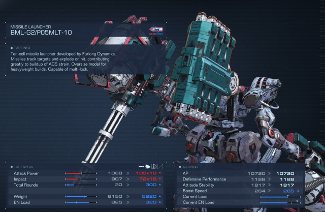 Displays the statistics of the 10 cell missile launcher in Armored Core 6.