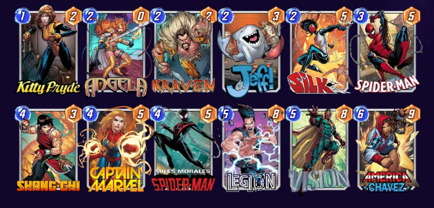 Marvel Snap deck consisting of Kitty Pryde, Angela, Kraven, Jeff the Baby Landshark, Silk, Spider-Man, Shang-Chi, Captain Marvel, Miles Morales, Legion, Vision, and America Chavez. 