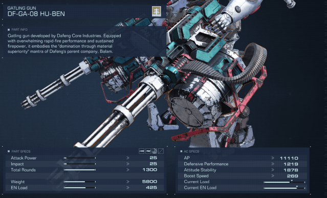 Displays stats for the Gatling gun in Armored Core 6.