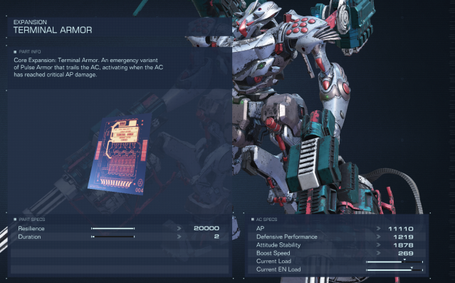 Displays stats for the Terminal Armor Expansion in Armored Core 6.