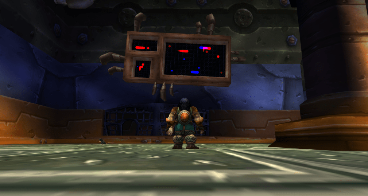 A dwarf looks at the subway board in the Deeprun Tram, WoW Classic.