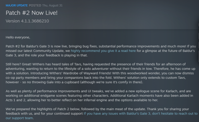 Displays the summary of patch 2 for Baldur's Gate 3 on Steam.