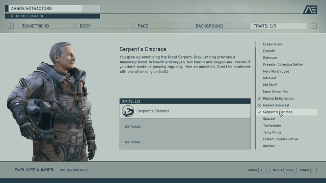 Image of the Starfield character creation screen, showing an older man standing before his possible traits. 