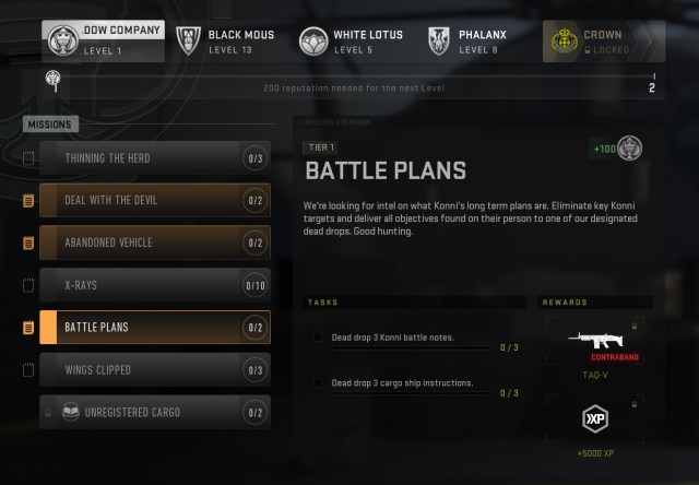 A screenshot of the Battle Plans mission objectives menu in DMZ.