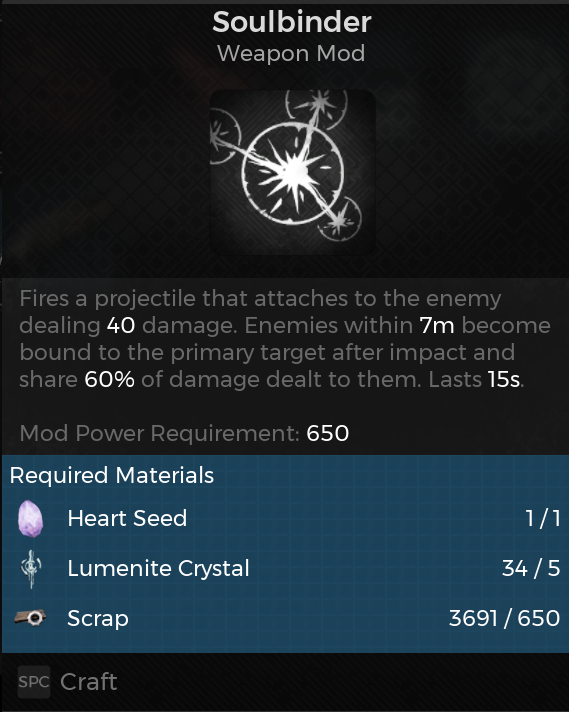 A crafting screen from Remnant 2 shows the effects of the weapon mod called the Soulbinder