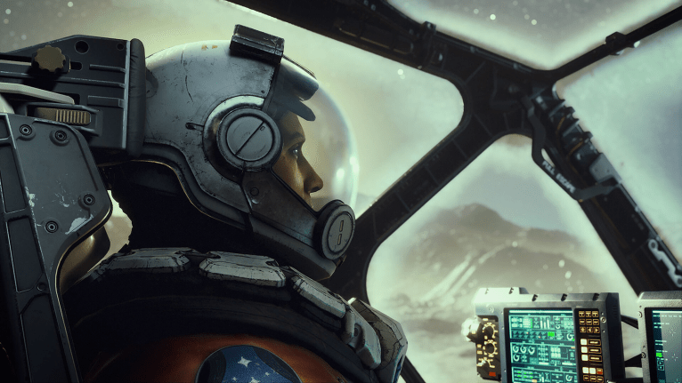 Starfield pilot geared up inside space craft on a distant planet.